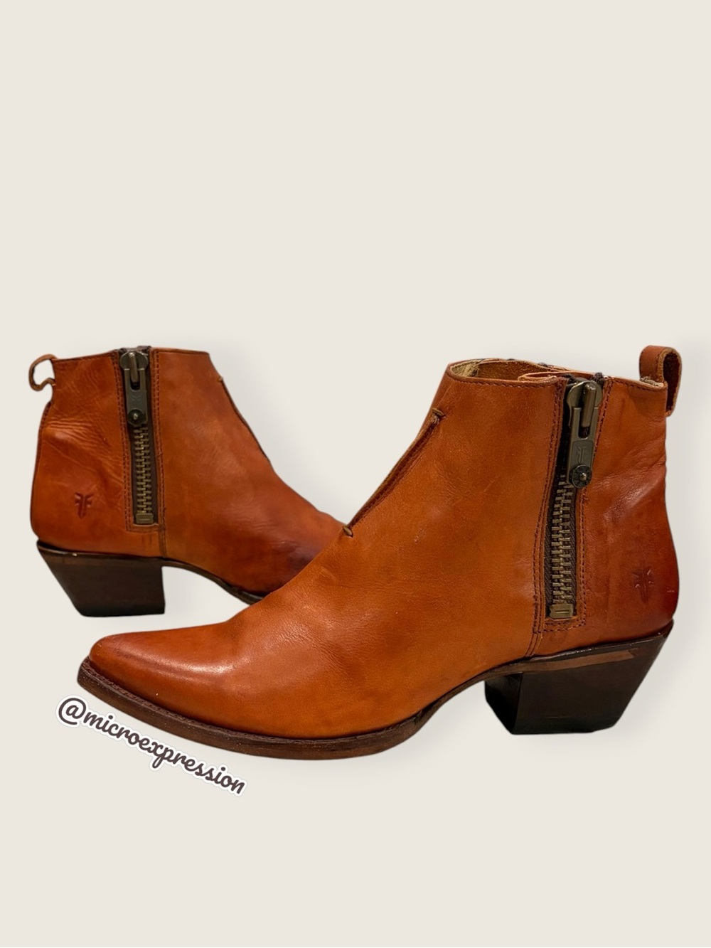 $369 Frye Sacha Moto Shortie Cognac Brown Leather Western Cowboy Ankle Booties - Picture 9 of 16